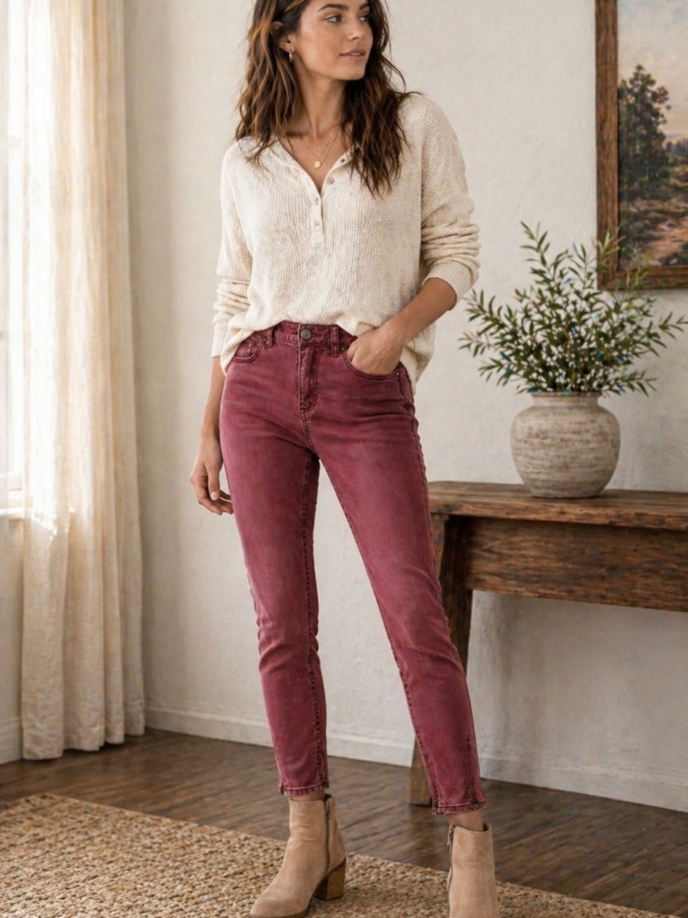 Free People Sueded Sateen Skinny Jeans w/ Back Zipper Hem, 30